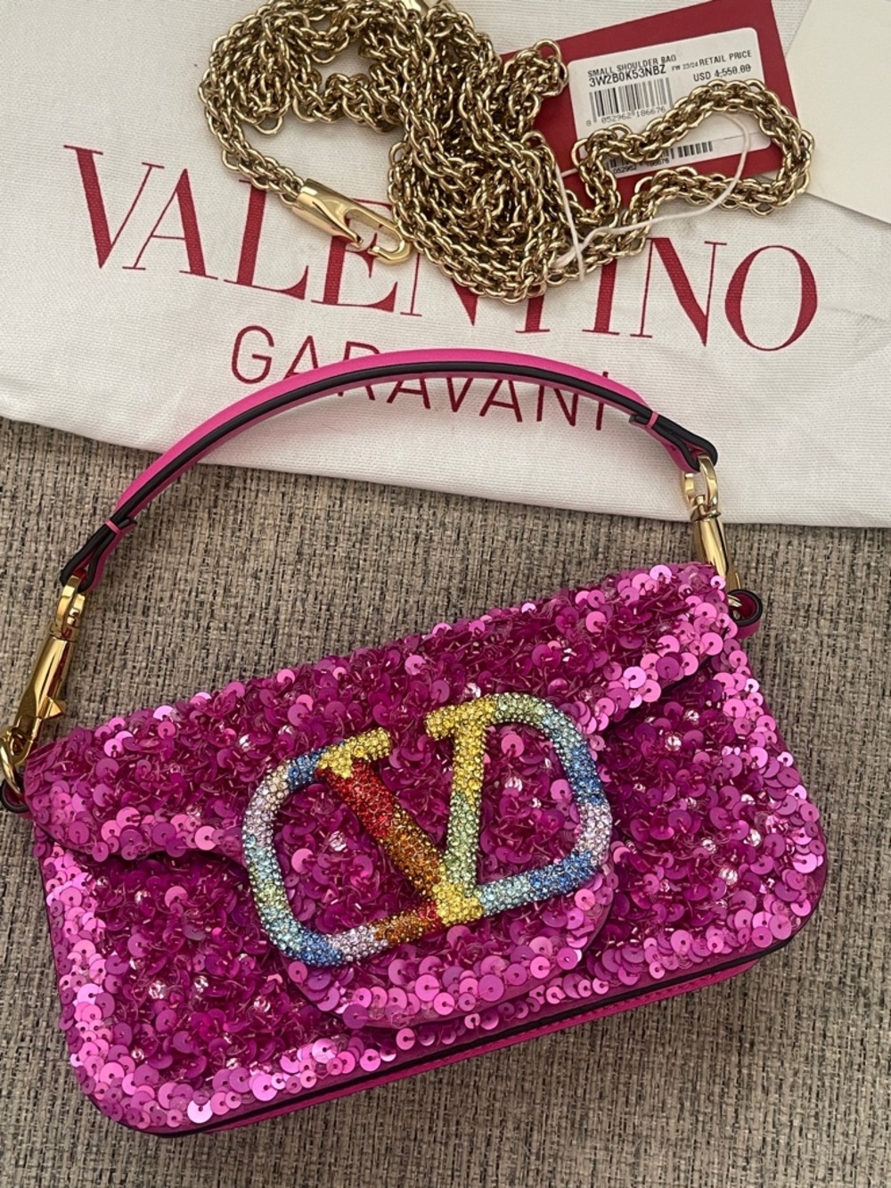Valentino Garavani Loco Fuchsia Sequin Shoulder Bag with Crystal V Logo